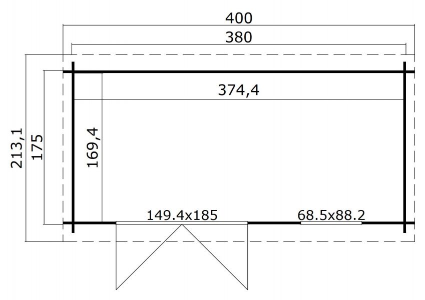 Blokhut Amira 380x175 cm - Platinum Grey-Wit gecoat plattegrond