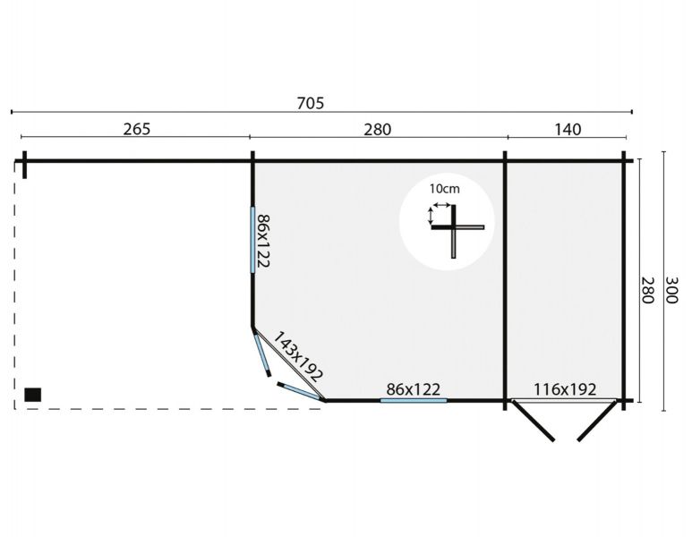 Blokhut Olson 300x300 cm + luifel 265 cm + berging 140 cm