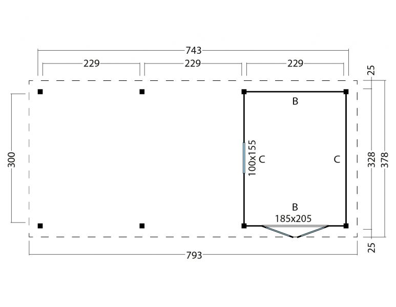 Overkapping plat dak Red Class Wood Odense type 7 XL 793x378 cm - zwarte wanden