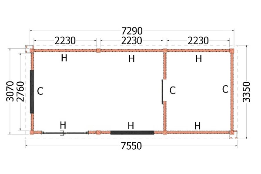 Plattegrond buitenverblijf Verona 755x335 cm model rechts