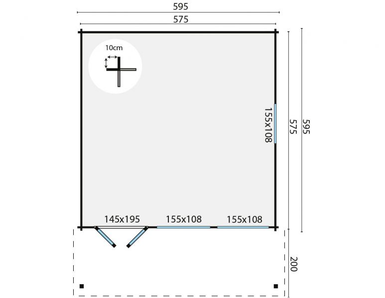 Blokhut Rune 595x595 cm + luifel 200 cm