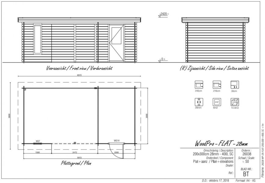 Blokhut/Tuinhuis Scheveningen 600x300 cm - Plattegrond