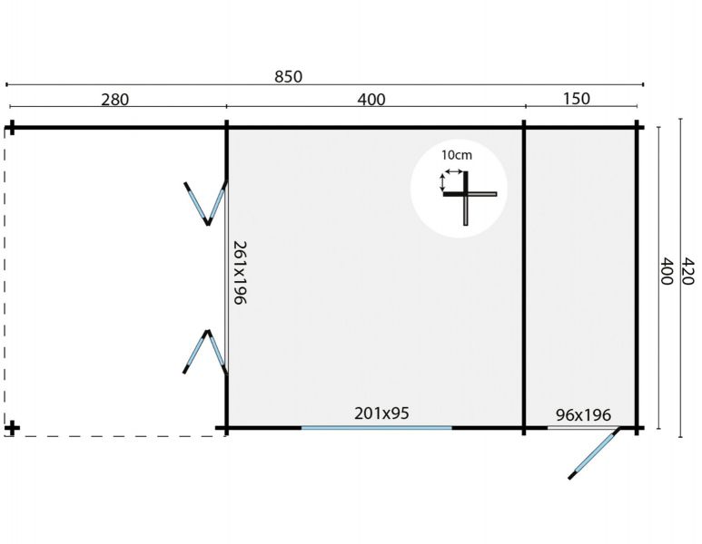 Blokhut Sibella 420x420 cm + luifel 280 cm + aanbouw 150 cm - Honing geïmpregneerd