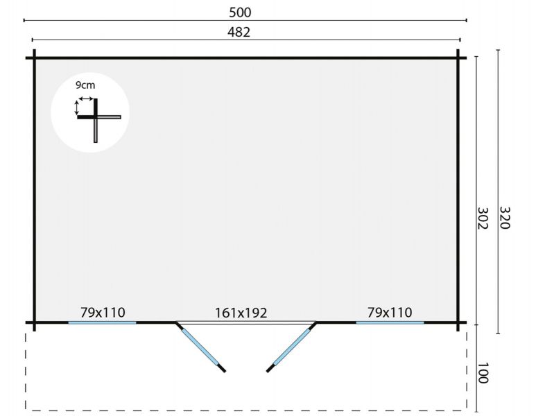 Blokhut Skyler 500x320 cm + luifel 100 cm - Honing geïmpregneerd