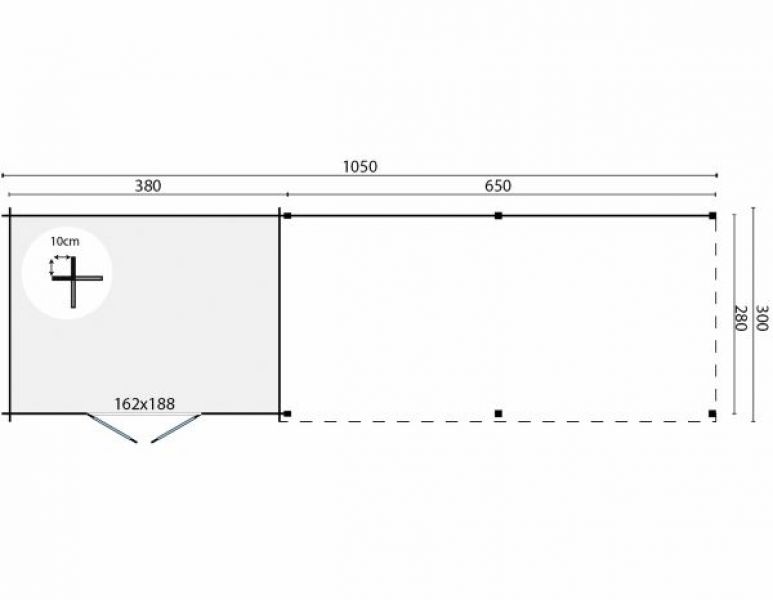 Blokhut Dave 400x300 cm met luifel 650 cm plattegrond