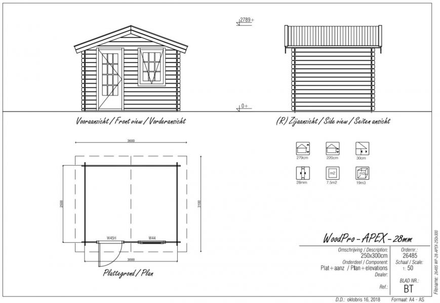 Blokhut/Tuinhuis Tuut 300x250 cm - Plattegrond