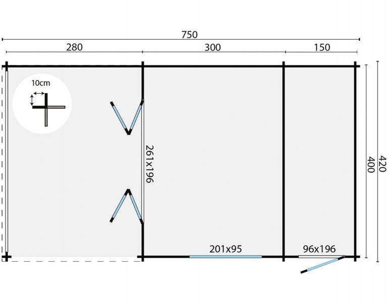 Blokhut Viveka 320x420 cm + luifel 280 cm + aanbouw 150 cm - Bruin geïmpregneerd