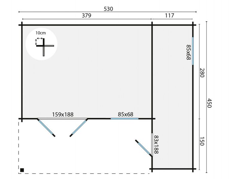 Blokhut Wolfgang 530x300 cm + luifel 150cm - Honing geïmpregneerd