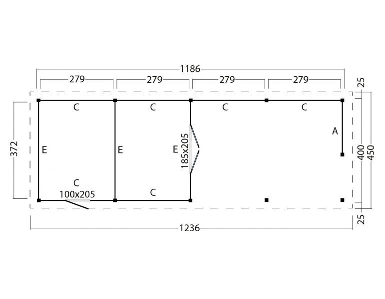 Overkapping plat dak Red Class Wood Odense type 12 XXL 1236x450 cm - zwarte wanden